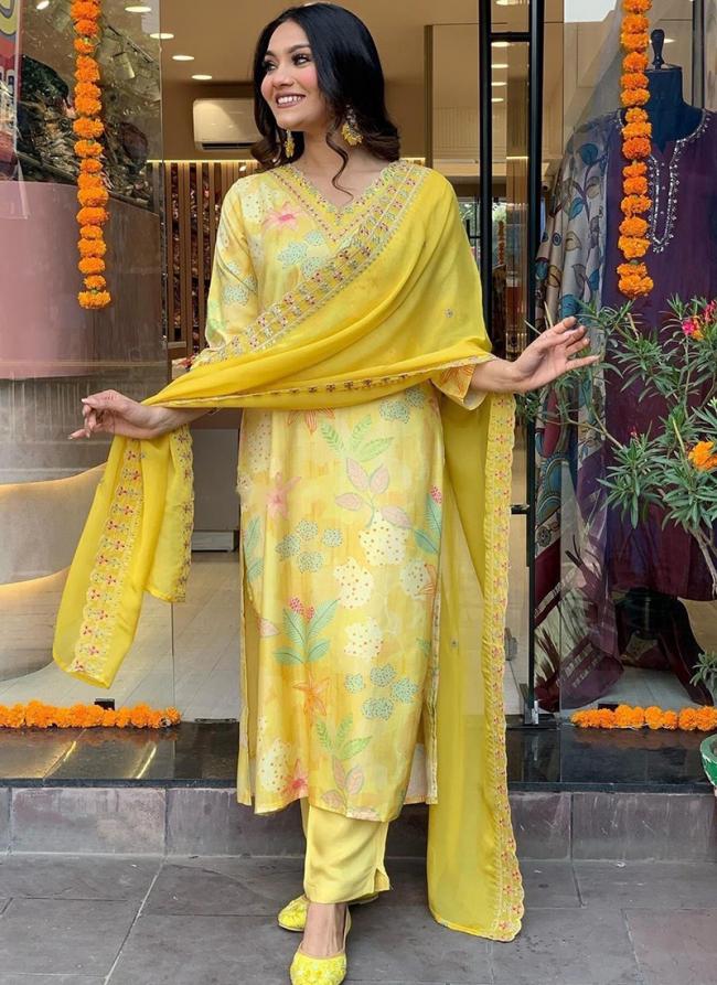 Viscose Muslin Lemon Yellow Festival Wear Embroidery Work Readymade Straight Suit